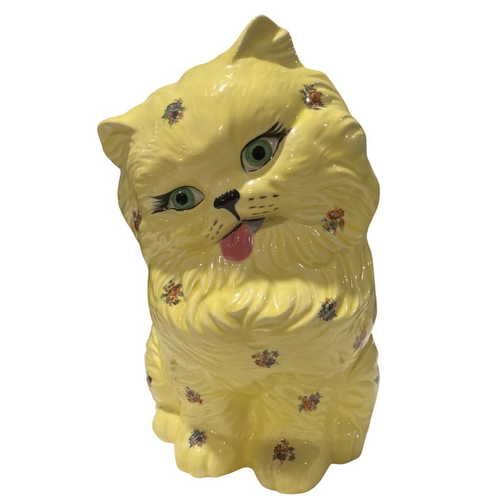 Vintage Yellow Ceramic Floral Cat Figurine Whimsical Kitsch Persian Green Eyes